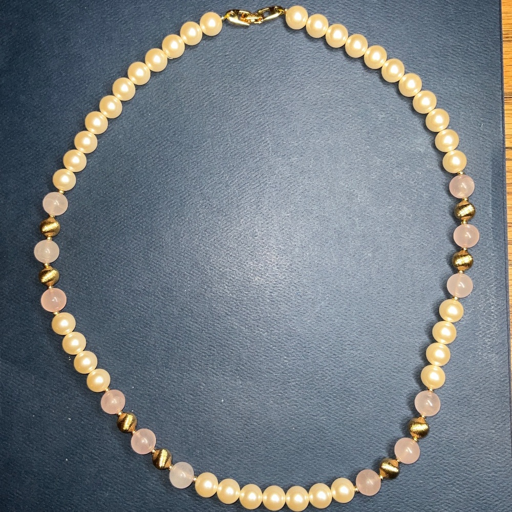 Vintage Signed NAPIER 24 “ Necklace Faux Pearl & Pink Rose Quartz Gold Beads